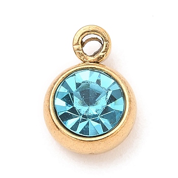 304 Stainless Steel Charms, with Acrylic Rhinestone, Birthstone Charms, Faceted, Flat Round, Golden, Aquamarine, 8.2x6x3.5mm, Hole: 1.2mm