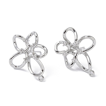 Brass Cubic Zirconia Stud Earrings Findings, with Loop, Flower, Platinum, 26x20x4.5mm, Hole: 1.4mm, Pin: 0.5x12mm