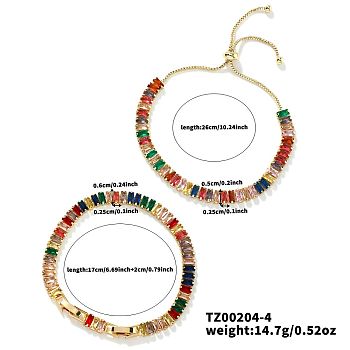 2Pcs 2 Styles Brass Cubic Zirconia Cup Chain Fashionable and Elegant Bracelets Sets, Adjustable Slider Bracelets, Golden, Colorful, 6-3/4~10-1/4 inch(17~26cm), 1pc/style