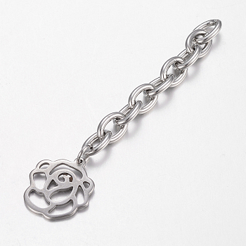 201 Stainless Steel Chain Extender, with Flower Charms, Stainless Steel Color, 65x6mm