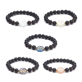 Natural Lava Rock Beads Oil Diffuser Stretch Bracelet, Hexagon Glass Bracelet for Women Girl, Mixed Color, Inner Diameter: 2-1/8 inch(5.5cm)