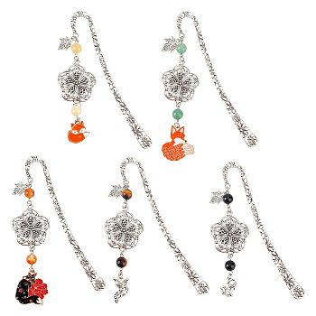 Tibetan Style Alloy Hook Bookmarks, Flower & Fox Pendant Bookmarks, Gemstone Round Beaded Book Marker, Mixed Color, 195~205mm, 5 style, 1pc/style, 5pcs/set