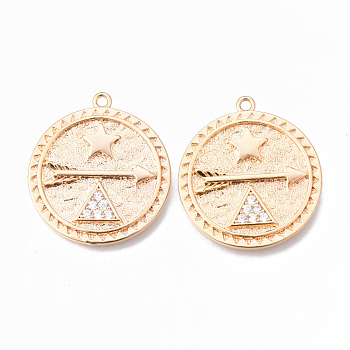 Brass Micro Pave Clear Cubic Zirconia Pendants, Nickel Free, Flat Round with Arrow & Triangle & Star, Real 18K Gold Plated, 27x25x2mm, Hole: 1.6mm