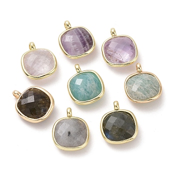 Gemstone Pendants, Faceted Square Charms, with Golden Plated Brass Edge Loops, 16.5x13x6mm, Hole: 2.2mm