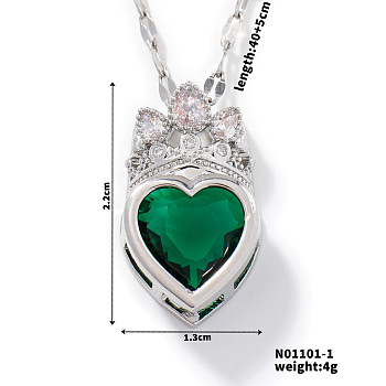 Fashionable Brass Cubic Zirconia Crown Heart-Shaped Pendant Dapped Chain Necklaces for Women, Platinum, Green, 15.75 inch(40cm)