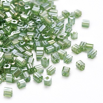 6/0 Glass Seed Beads, Transparent Colours Luster, Square Hole, Cube, Green, 3~5x3~4x3~4mm, Hole: 1.2~1.4mm, about 1000pcs/100g