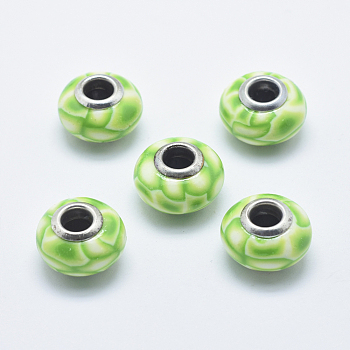 Handmade Polymer Clay European Beads, with Silver Color Plated Brass Cores, Large Hole Beads, Rondelle, Lawn Green, 13~16x8~11mm, Hole: 4.5~5mm