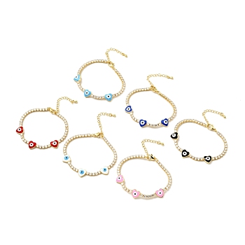 Heart with Evil Eye Enamel Link Bracelet with Clear Cubic Zirconia Tennis Chains, Gold Plated Brass Jewelry for Women, Cadmium Free & Lead Free, Mixed Color, 7-1/8 inch(18cm)