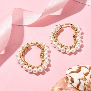 Shell Pearl Beaded Heart Hoop Earrings(EJEW-TA00248)-2