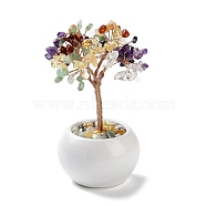 Natural Mixed Gemstone Chips Tree Decorations, Ceramic Bowl Base Copper Wire Feng Shui Energy Stone Gift for Home Desktop Decoration, 65~68x130~135mm(DJEW-M012-01E)