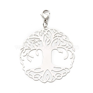 Flat Round with Tree of Life 201 Stainless Steel Filigree Pendant Decorations, with 304 Stainless Steel Lobster Claw Clasps & Open Jump Rings, Stainless Steel Color, 57mm(X-HJEW-JM00573-03)