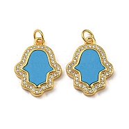 Brass Micro Pave Cubic Zirconia with Synthetic Turquoise Pendants, with Jump Rings, Real 18K Gold Plated, Hamsa Hand, 20.5x15.5x3mm, Hole: 3.5mm(KK-K356-24B-G)