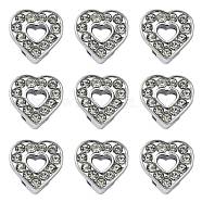 Alloy Heart Slide Charms with Grade A Rhinestones, Platinum, 12x12x5mm, Hole: 7x2mm(ALRI-R034-06)