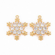Brass Micro Pave Clear Cubic Zirconia Pendants, Snowflake, Real 18K Gold Plated, 19x15x3mm, Hole: 1.2mm(ZIRC-S068-046-NF)