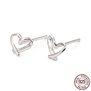 Open Heart Rhodium Plated 925 Sterling Silver Stud Earrings, Dainty Post Earrings for Girl Women, Platinum, 6x7mm, Pin: 1mm(EJEW-I259-07P)