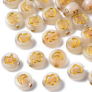 Luminous Acrylic Beads, Metal Enlaced, Horizontal Hole, Glow in the Dark, Flat Round with Mixed Pattern, Golden Plated, 7x3.5mm, Hole: 1.2mm, about 3600pcs/500g(MACR-S273-65)