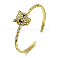 Brass Pave Clear & Green Cubic Zirconia Leopard Open Cuff Bangle for Women, Real 18K Gold Plated, Inner Diameter: 2x2-1/4 inch(5.1x5.7cm)(BJEW-K246-22D-G)