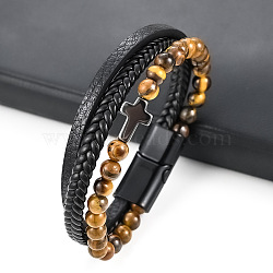 Leather Cord Multi-starand Bracelet, Cross Link Bracelet with Tiger Eye Beads, 8-1/4 inch(21cm)(PW-WG46246-02)