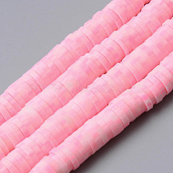 Handmade Polymer Clay Beads Strands, for DIY Jewelry Crafts Supplies, Heishi Beads, Disc/Flat Round, Pink, 6x0.5~1mm, Hole: 1.8mm, about 320~447pcs/strand, 15.75 inch~16.14 inch(40~41cm)(CLAY-N008-010H)