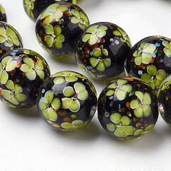 Handmade Inner Flower Lampwork Beads Strands, Round, Green Yellow, 19~20mm, Hole: 2.5mm, 18pcs/strand, 12.99 inch(LAMP-L072-D01)