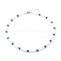 Glass Beaded Necklace, with Evil Eye Lampwork Beads, Brass Beads, Blue, 18.31 inch(465mm)(NJEW-JN03575)