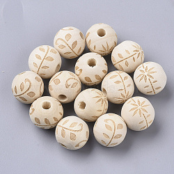 Unfinished Natural Wood European Beads, Large Hole Beads, Lead Free, Laser Engraved Pattern, Round with Flower & Leaf Pattern, Moccasin, 15.5x14.5mm, Hole: 4mm(X-WOOD-T025-001A-LF)