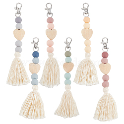 6Pcs 6 Colors Tassels Silicone Beaded Pendant Decoration, with Heart Wood Beads and Iron Swivel Clasps, for DIY Bag Accessories Decoration, Mixed Color, 180~185mm, 1pc/color(HJEW-GO0001-02)