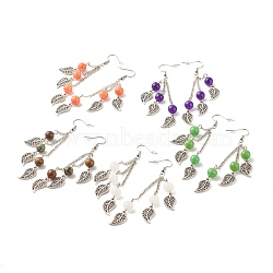 Natural Mixed Stone Bead Dangle Earrings, Leaf Alloy Chandelier Earrings, 94~96mm, Pin: 0.6mm(EJEW-JE04823)