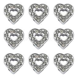 Alloy Heart Slide Charms with Grade A Rhinestones, Platinum, 12x12x5mm, Hole: 7x2mm(ALRI-R034-06)