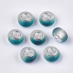 Resin European Beads, Large Hole Beads, with Silver Color Plated Brass Cores, Rubberized Style, Rondelle, Steel Blue, 14x8mm, Hole: 5mm(X-RPDL-S013-10E)
