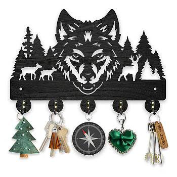 Wood & Iron Wall Mounted Hook Hangers, Decorative Organizer Rack, with 2Pcs Screws, 5 Hooks for Bag Clothes Key Scarf Hanging Holder, Wolf, 200x300x7mm.