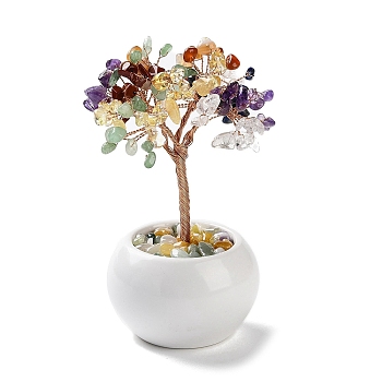 Natural Mixed Gemstone Chips Tree Decorations, Ceramic Bowl Base Copper Wire Feng Shui Energy Stone Gift for Home Desktop Decoration, 65~68x130~135mm