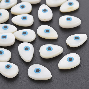 Natural Freshwater Shell Beads, Teardrop with Evil Eye, Creamy White, 14x9.5x3.5~6mm, Hole: 1mm