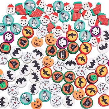 Halloween/Christmas Theme Handmade Polymer Clay Beads, Mixed Shapes, Mixed Color, 9~12x6~12x4.5~5mm, Hole: 1.4~1.5mm, 100pcs/box