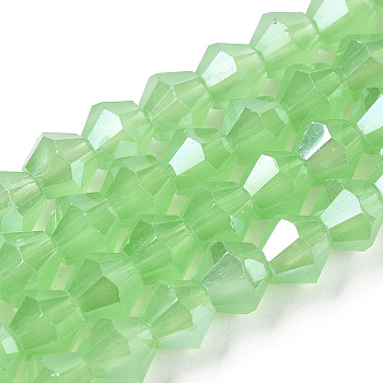 Imitation Jade Electroplate Glass Beads Strands, Pearl Luster Plated, Faceted, Bicone, Pale Green, 6x6mm, Hole: 1.2mm, about 46~47pcs/strand, 9.84~10.24 inch(25~26cm)