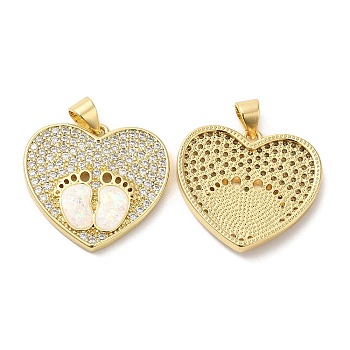 Rack Plating Brass Micro Pave Clear Cubic Zirconia Pendants, with Resin Imitation Opal, Cadmium Free & Lead Free, Long-Lasting Plated, Heart with Footprint, Real 18K Gold Plated, 21x23x3mm, Hole: 5.2x3.4mm