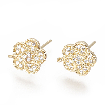 Brass Stud Earring Findings, with Cubic Zirconia and Loop, Flower, Clear, Golden, 11x9.5mm, Hole: 1mm, Pin: 0.8mm