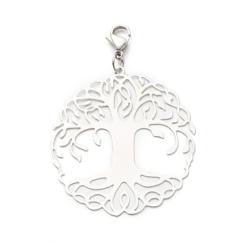 Flat Round with Tree of Life 201 Stainless Steel Filigree Pendant Decorations, with 304 Stainless Steel Lobster Claw Clasps & Open Jump Rings, Stainless Steel Color, 57mm