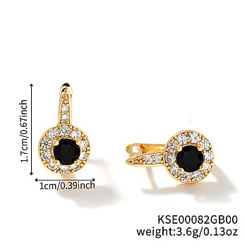 Elegant European and American Style, Flat Round Brass Cubic Zirconia Hoop Earrings, Golden, Black, 17x10mm