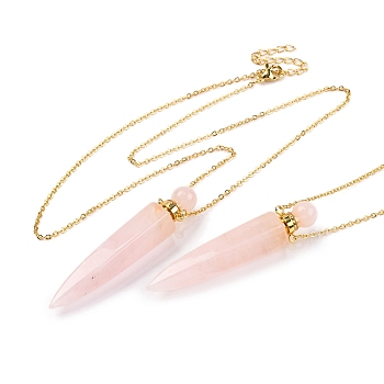 Natural Rose Quartz Bullet Shaped Perfume Bottle Pendant Necklaces, 304 & 201 Stainless Steel Cable Chain Necklaces for Women, Golden, 18.70 inch(47.5cm)