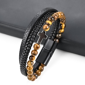 Leather Cord Multi-starand Bracelet, Cross Link Bracelet with Tiger Eye Beads, 8-1/4 inch(21cm)