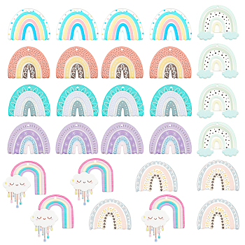 28Pcs 7 Styles Printed Transparent & Opaque Resin Pendants, Rainbow Charms, Mixed Color, 29~38x32~39x2.5mm, Hole: 1.5~1.9mm, 4pcs/style