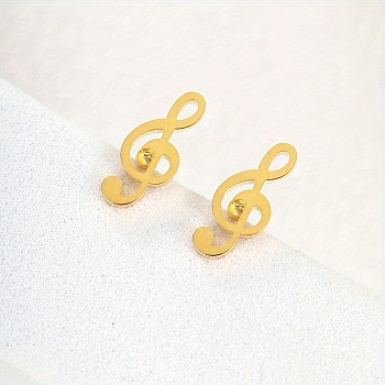 Fashionable Casual Cute Stainless Steel Music Note Stud Earrings for Women, Real 18K Gold Plated, 10x4mm