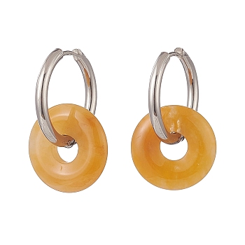 Natural Tiger Eye Pi Disc/Donut Dangle Hoop Earrings, 304 Stainless Steel Jewelry for Women, 29.5mm, Pin: 1mm