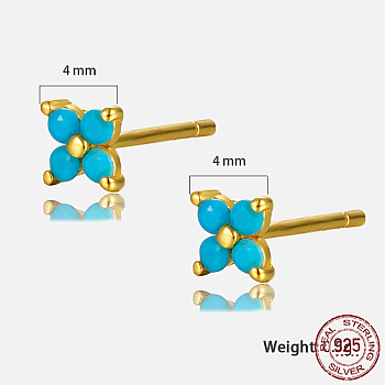 Golden Sterling Silver Flower Stud Earrings, with Cubic Zirconia, with S925 Stamp, Turquoise, 4x4mm