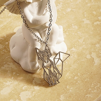 Stainless Steel Color Stainless Steel Pendant Necklace, Origami Animal, Fox, 17.72 inch(45cm), Pendant: 27x22mm