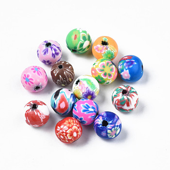 Handmade Polymer Clay Beads, Round with Flower, Mixed Color, 10~11x10mm, Hole: 1.6mm