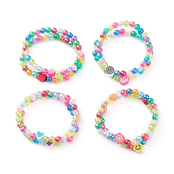 Transparent Acrylic Beaded Stretch Kids Bracelets, with Colorful Polymer Clay Beads, Heart & Flower & Cake & Strawberry, Mixed Color, Inner Diameter: 1-3/4 inch(4.5cm)