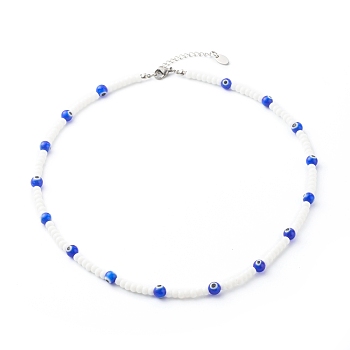 Glass Beaded Necklace, with Evil Eye Lampwork Beads, Brass Beads, Blue, 18.31 inch(465mm)