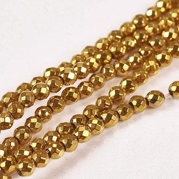 Electroplate Non-magnetic Synthetic Hematite Beads Strands, Faceted, Round, Grade AAAA, Golden Plated, 2mm, Hole: 1mm, about 200pcs/strand, 16 inch